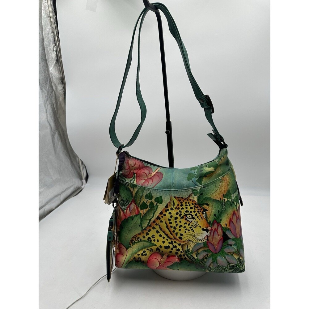 Anuschka Hand Made & Painted Leather Bag Jaguar Jungle Tropical Floral Hobo NWT